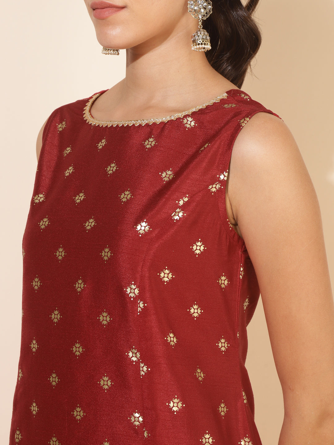 Maroon Silk Blend Foil Printed A-Line Kurta Set