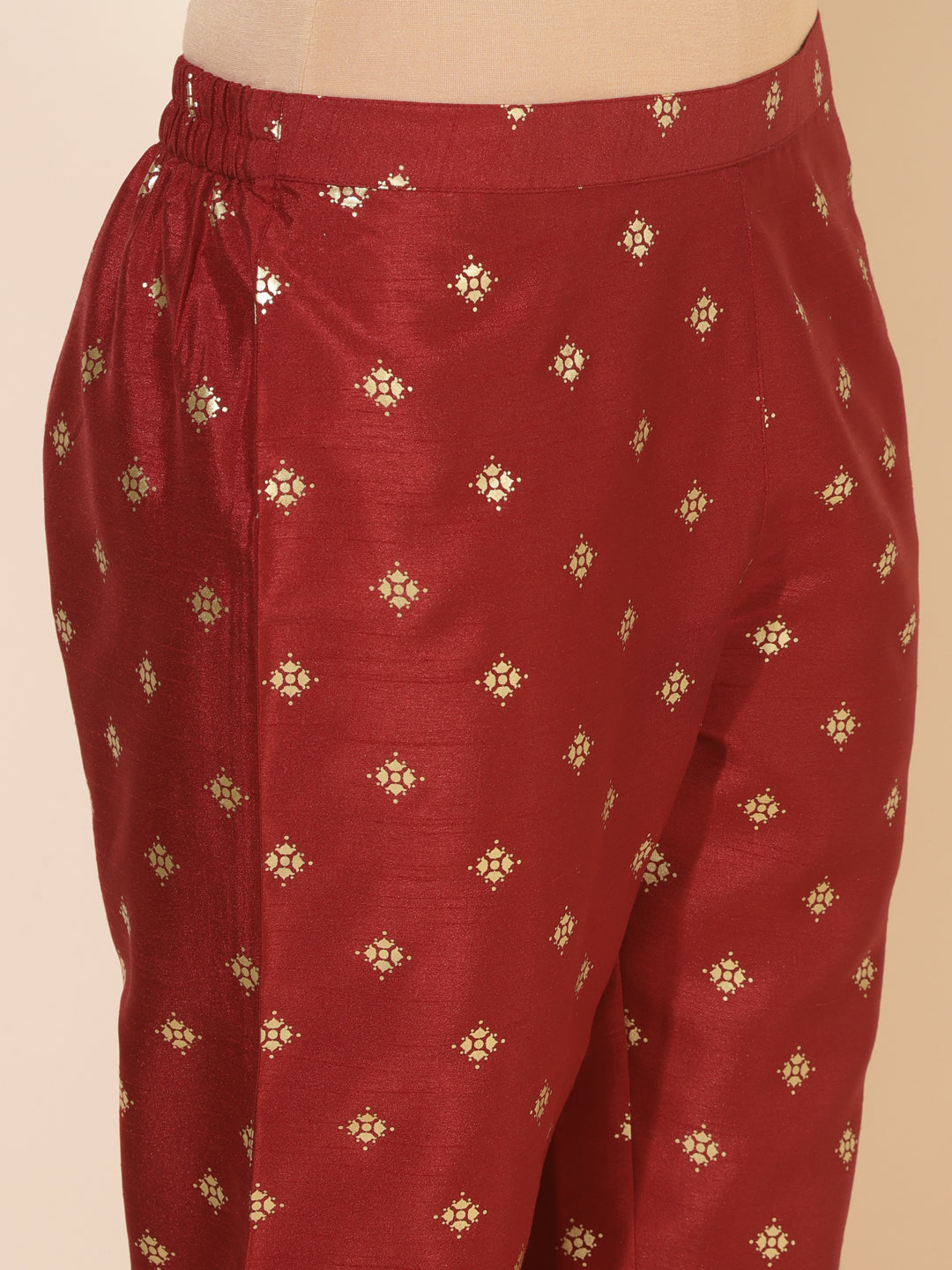 Maroon Silk Blend Foil Printed A-Line Kurta Set