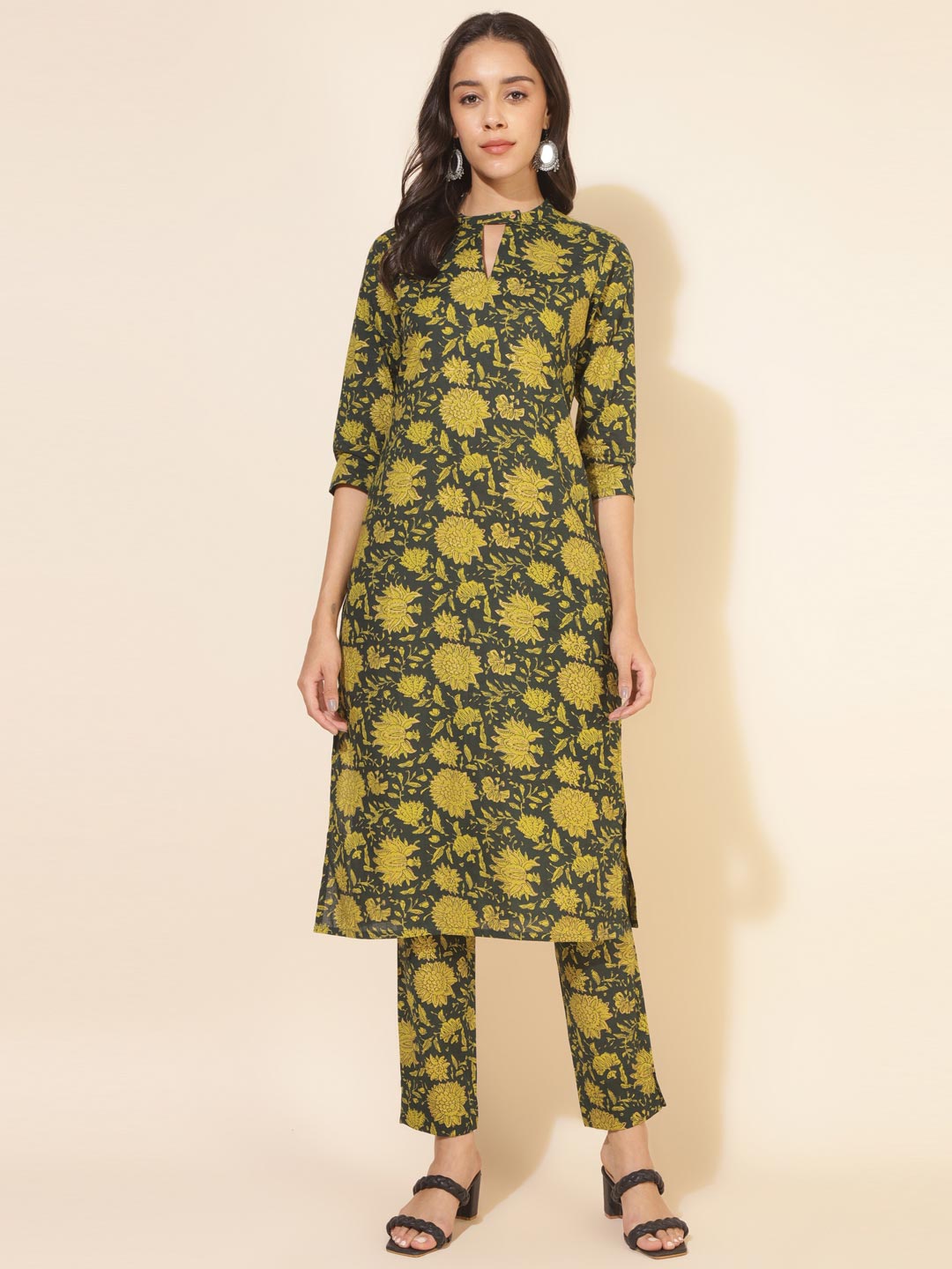 Dark Green Cotton Floral Straight Co-ord Set
