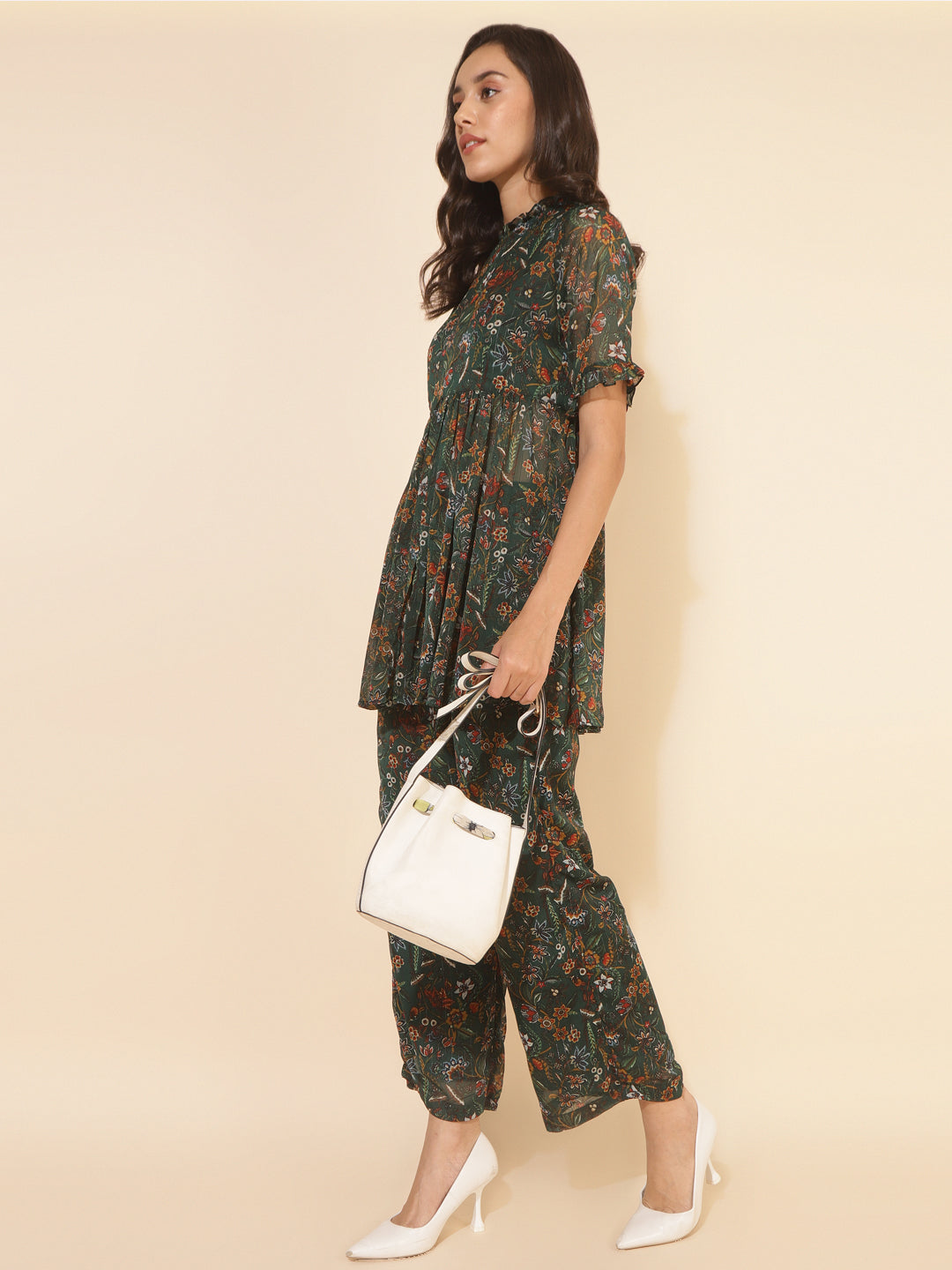 Green Chiffon Lurex Floral Printed Co-ord Set