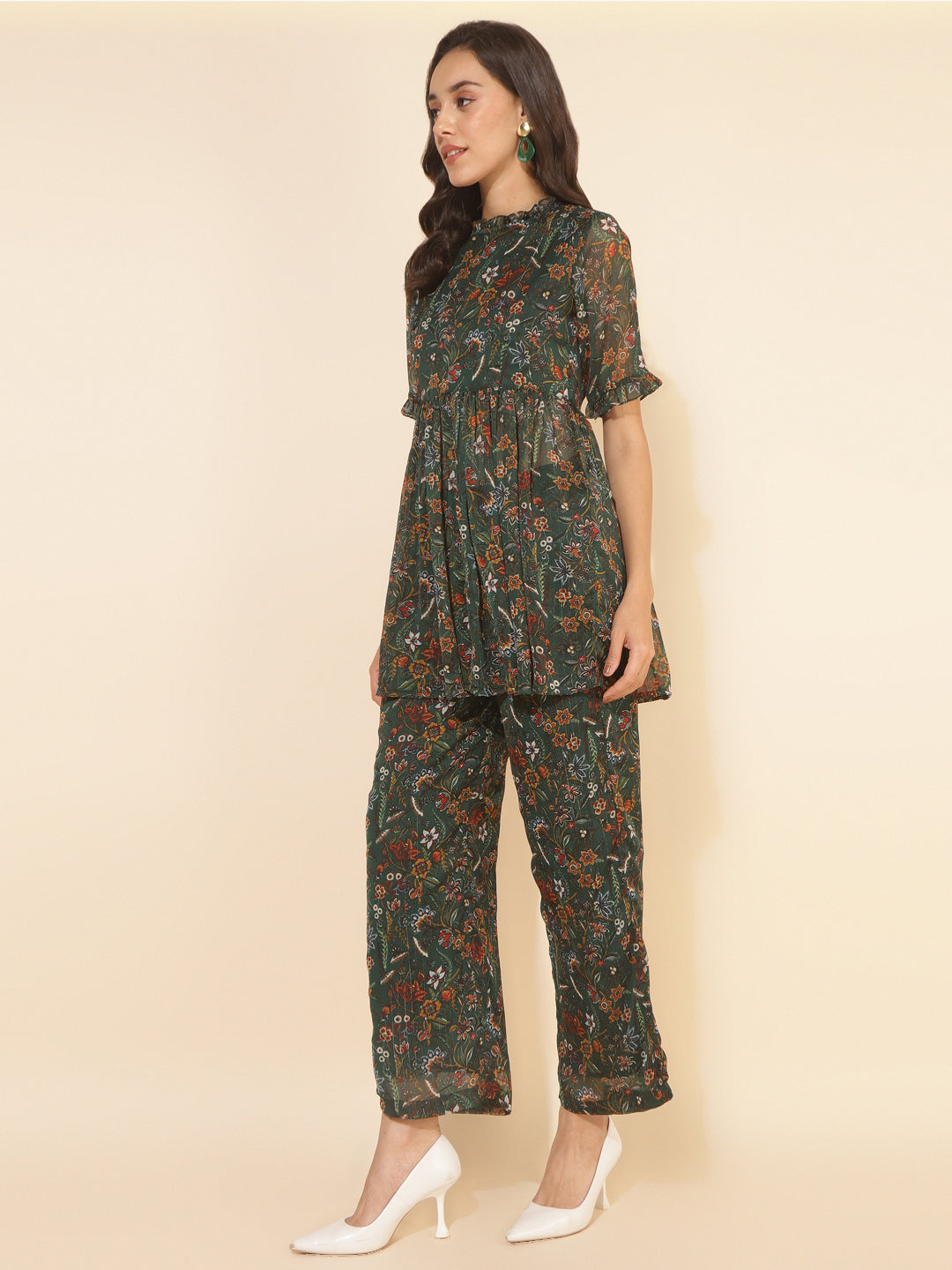 Green Chiffon Lurex Floral Printed Co-ord Set