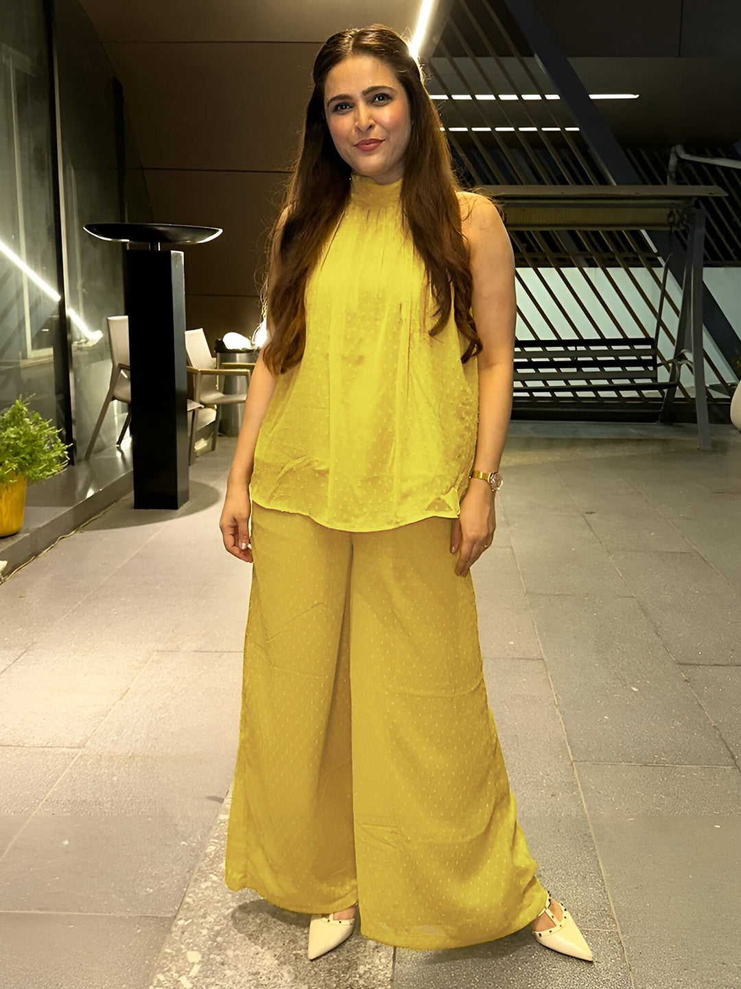 Yellow Dobby Chiffon Solid Co-ord Set
