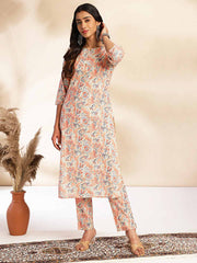 Beige Cotton Floral Straight Co-ord Set