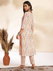 Beige Cotton Floral Straight Co-ord Set