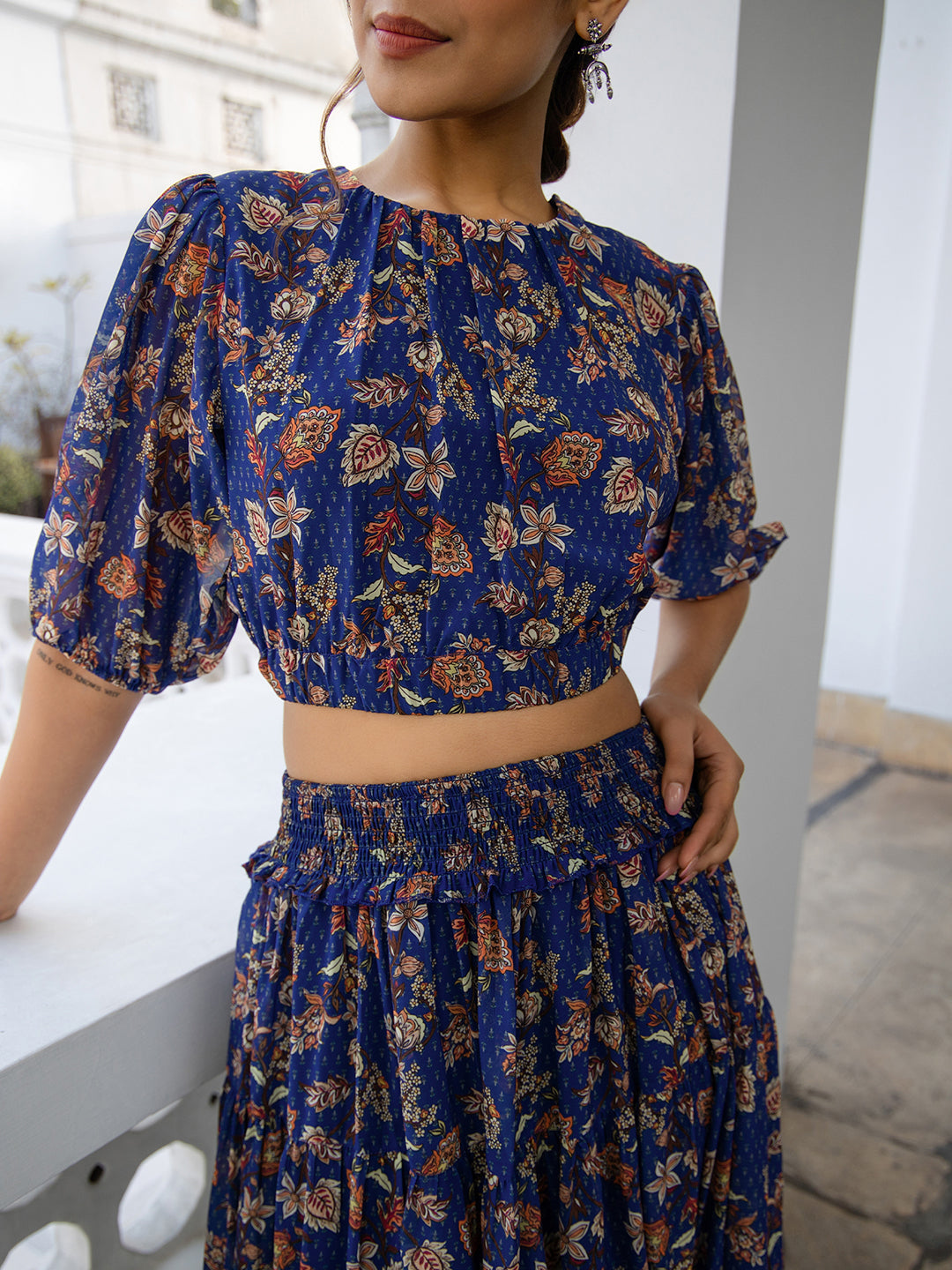 Buy Blue Georgette Printed Floral Sweetheart Neck Skirt Crop Top
