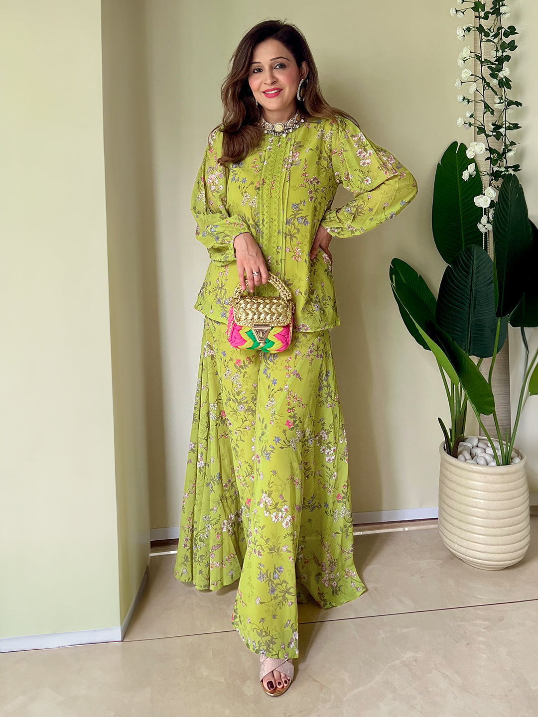 Lime Green Georgette Floral Regular Co-ord Set