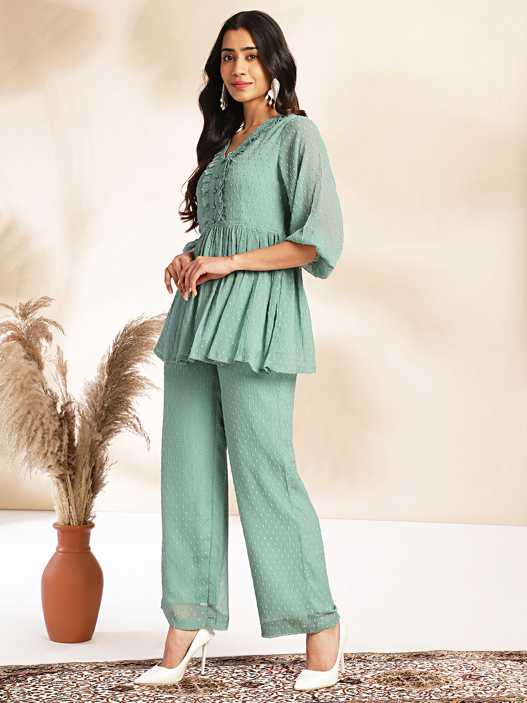 Sage Dobby Chiffon Woven Design Peplum Co-ord Set