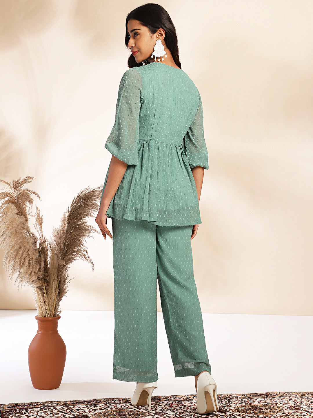 Sage Dobby Chiffon Woven Design Peplum Co-ord Set