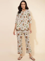 Off White Cotton Floral Pleated Co-Ord Set