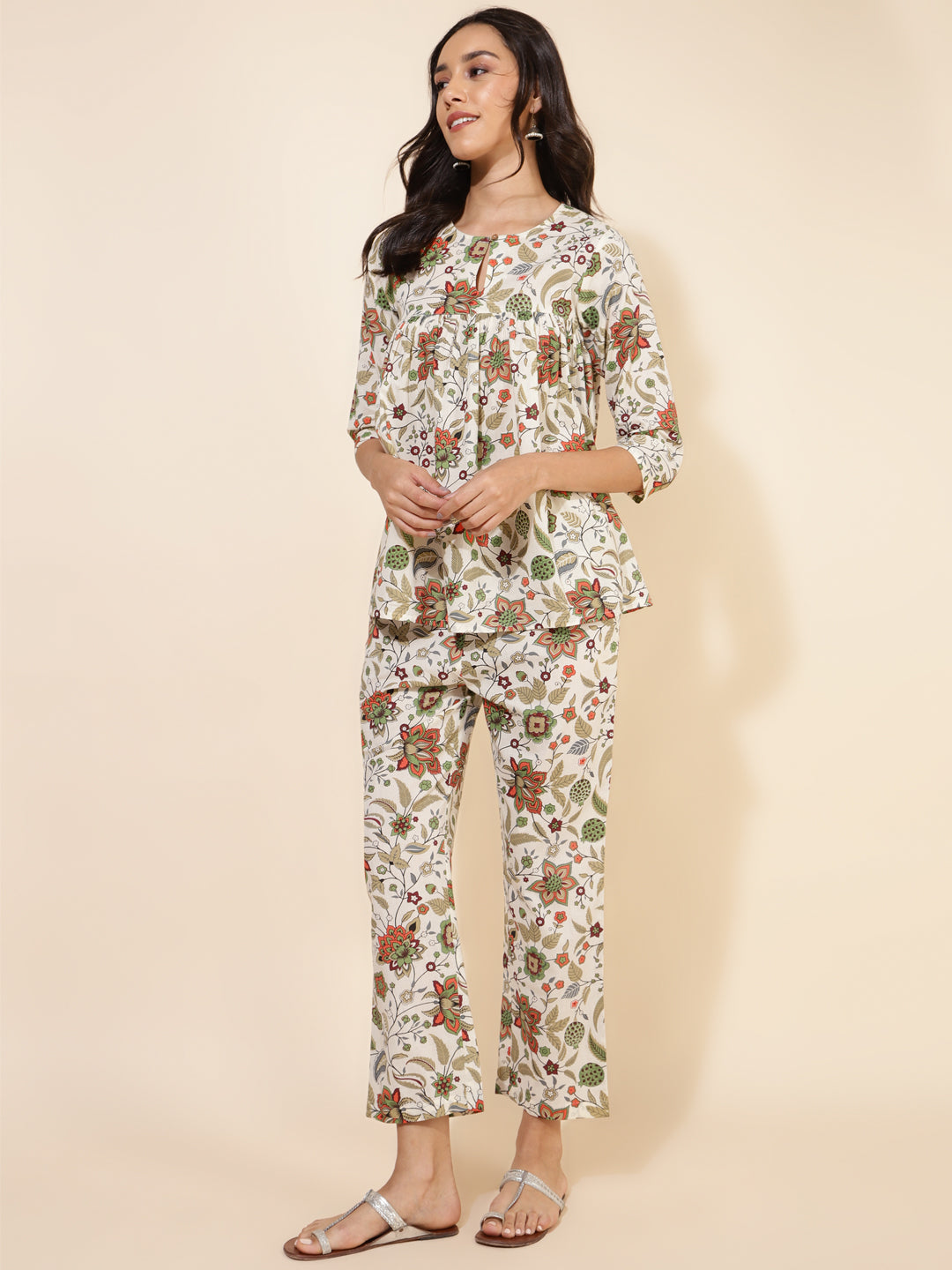 Off White Cotton Floral Pleated Co-Ord Set