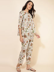 Off White Cotton Floral Pleated Co-Ord Set