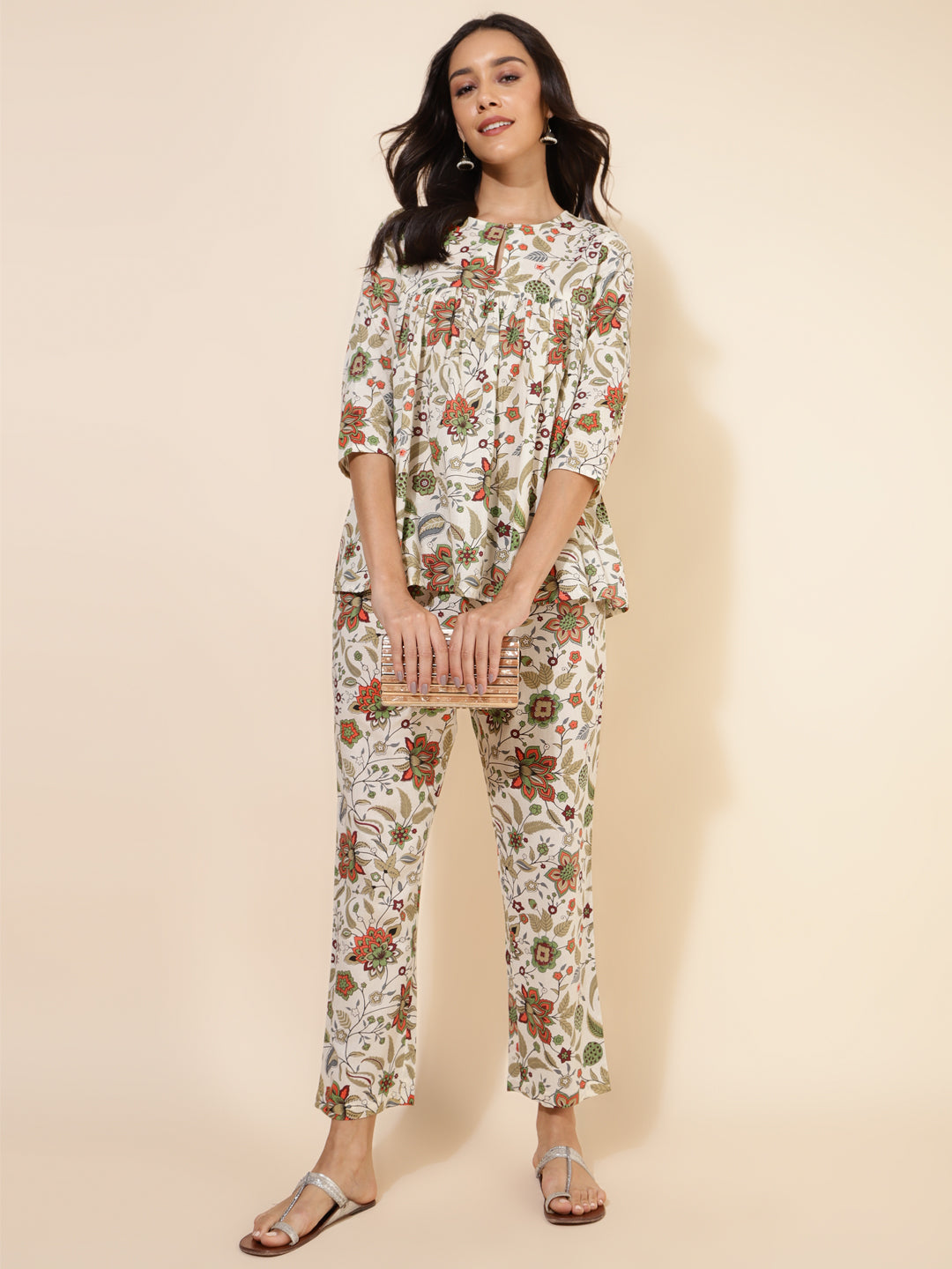 Off White Cotton Floral Pleated Co-Ord Set