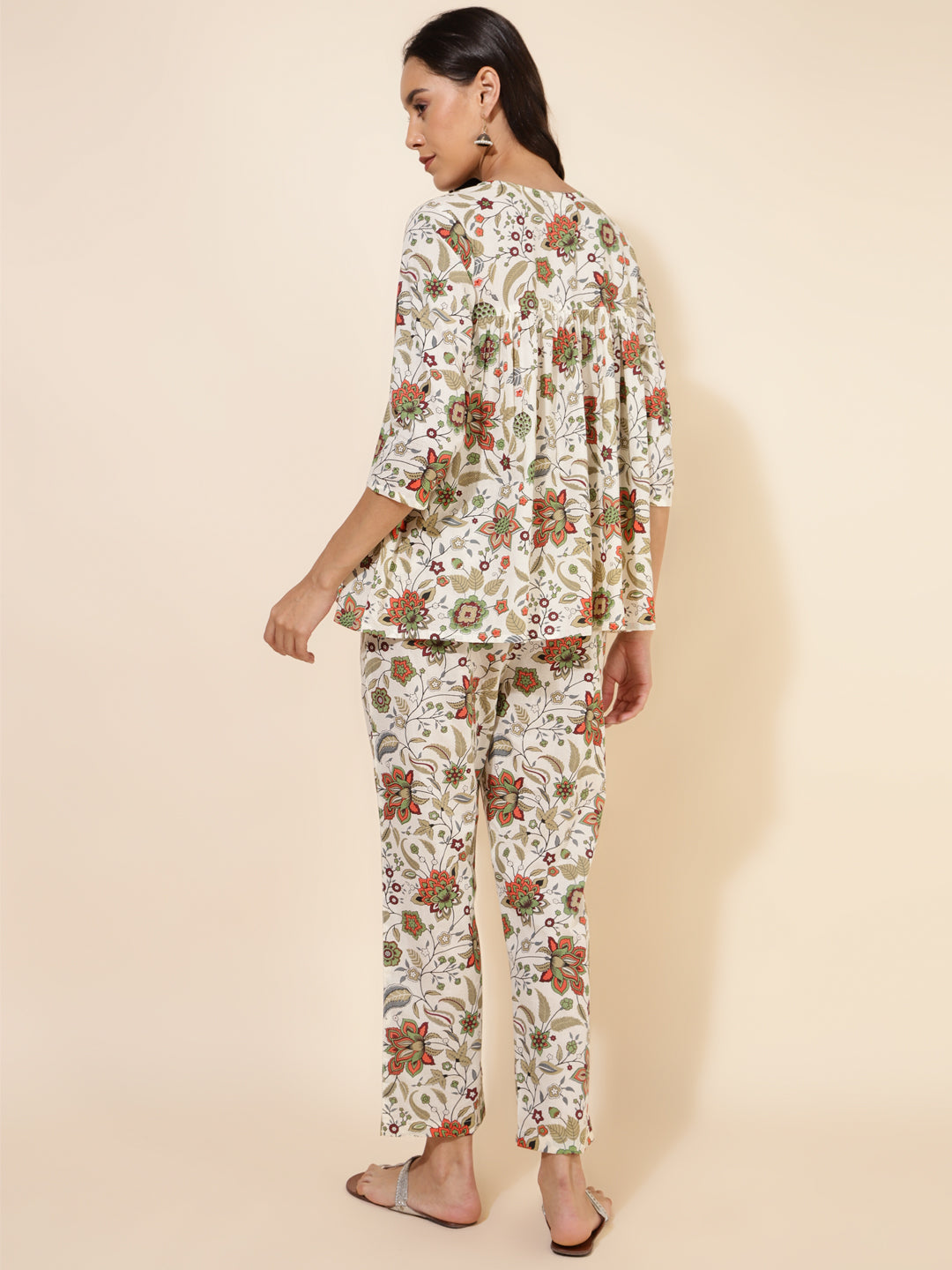 Off White Cotton Floral Pleated Co-Ord Set