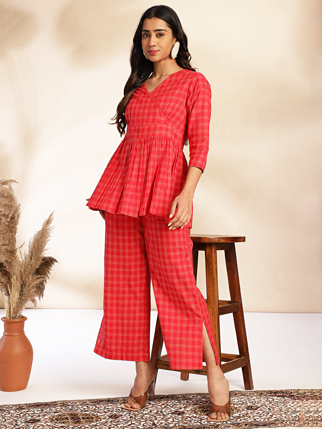 Red Cotton Checked Peplum Co-ord Set