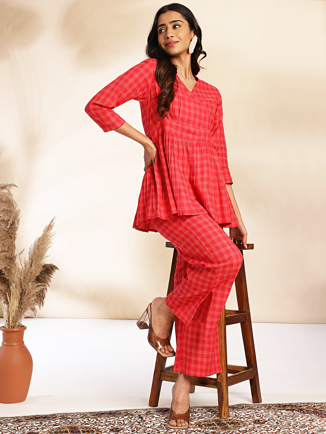 Red Cotton Checked Peplum Co-ord Set