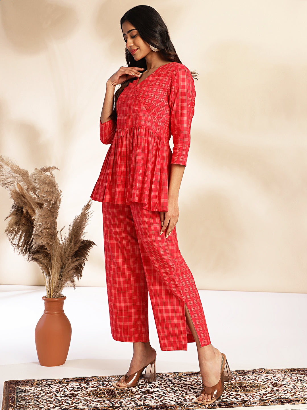 Red Cotton Checked Peplum Co-ord Set