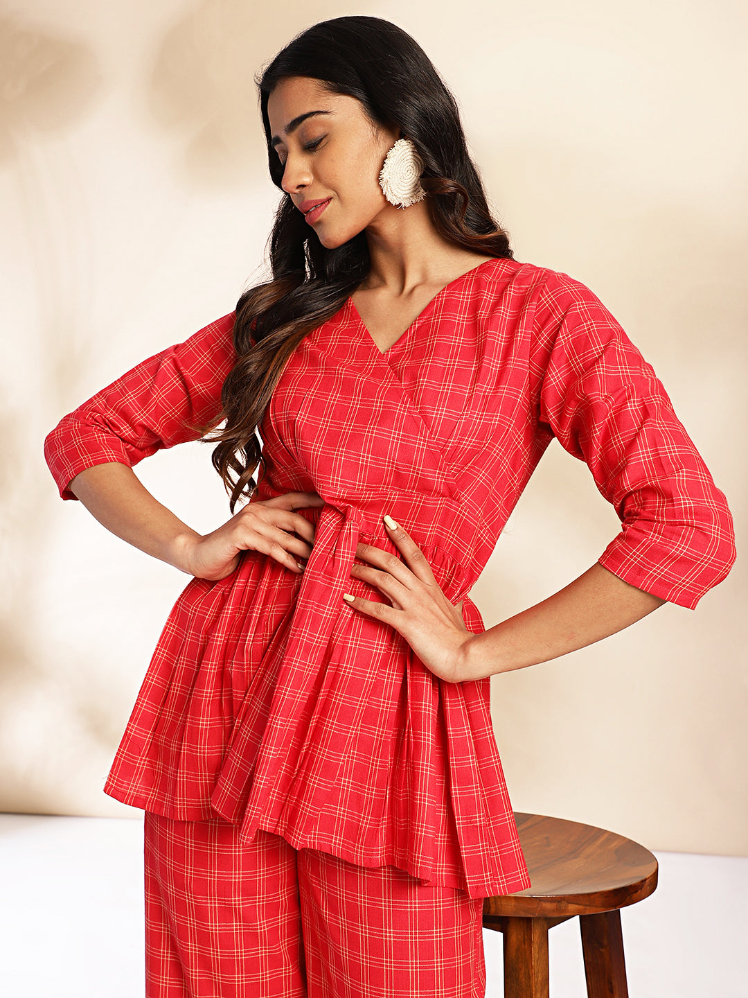 Red Cotton Checked Peplum Co-ord Set