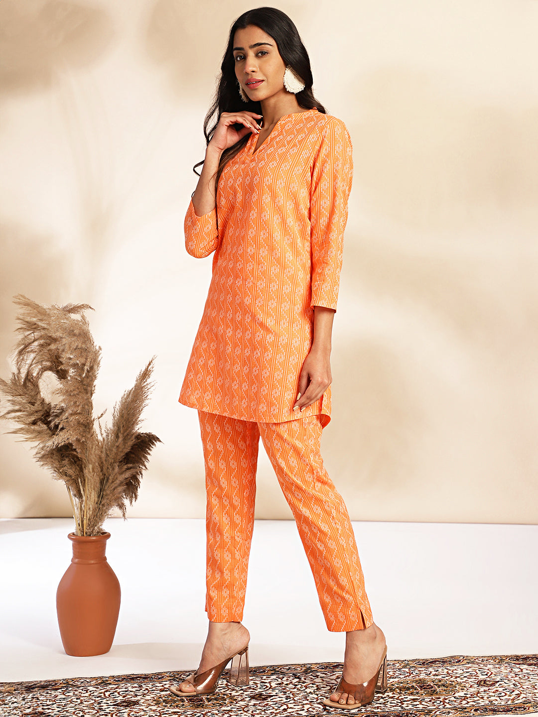 Orange Cotton Woven Design Regular Co-ord Set