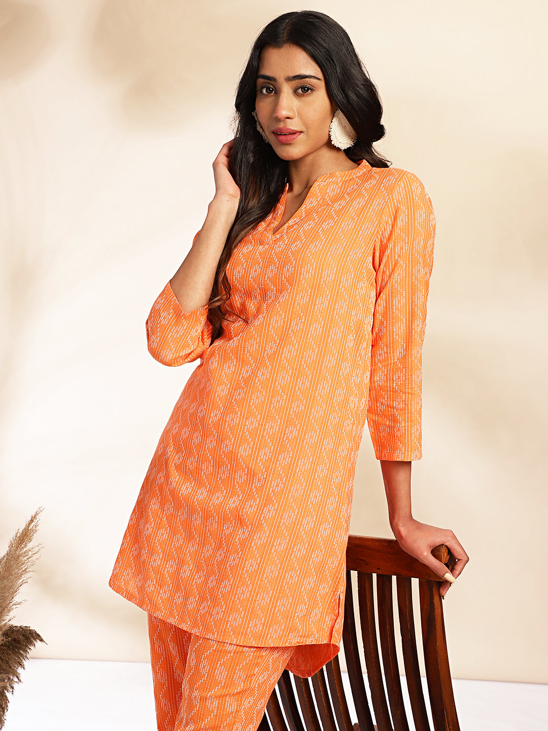 Orange Cotton Woven Design Regular Co-ord Set