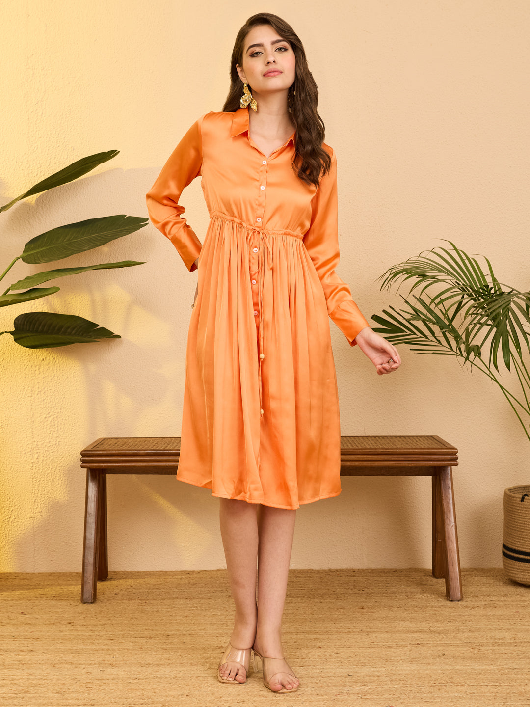 Janasya Women's Orange Satin Solid Fit & Flare Dress