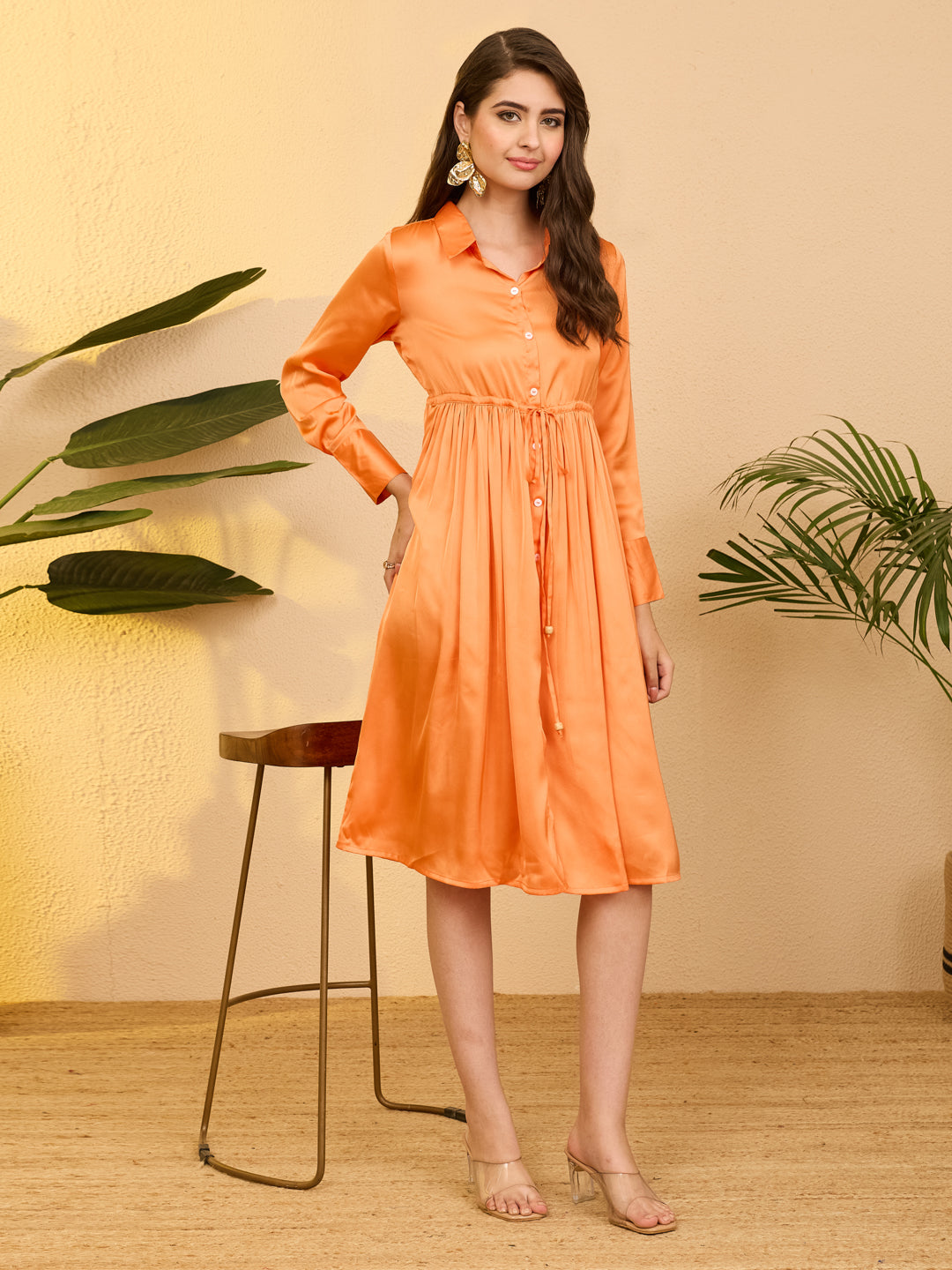 Janasya Women's Orange Satin Solid Fit & Flare Dress