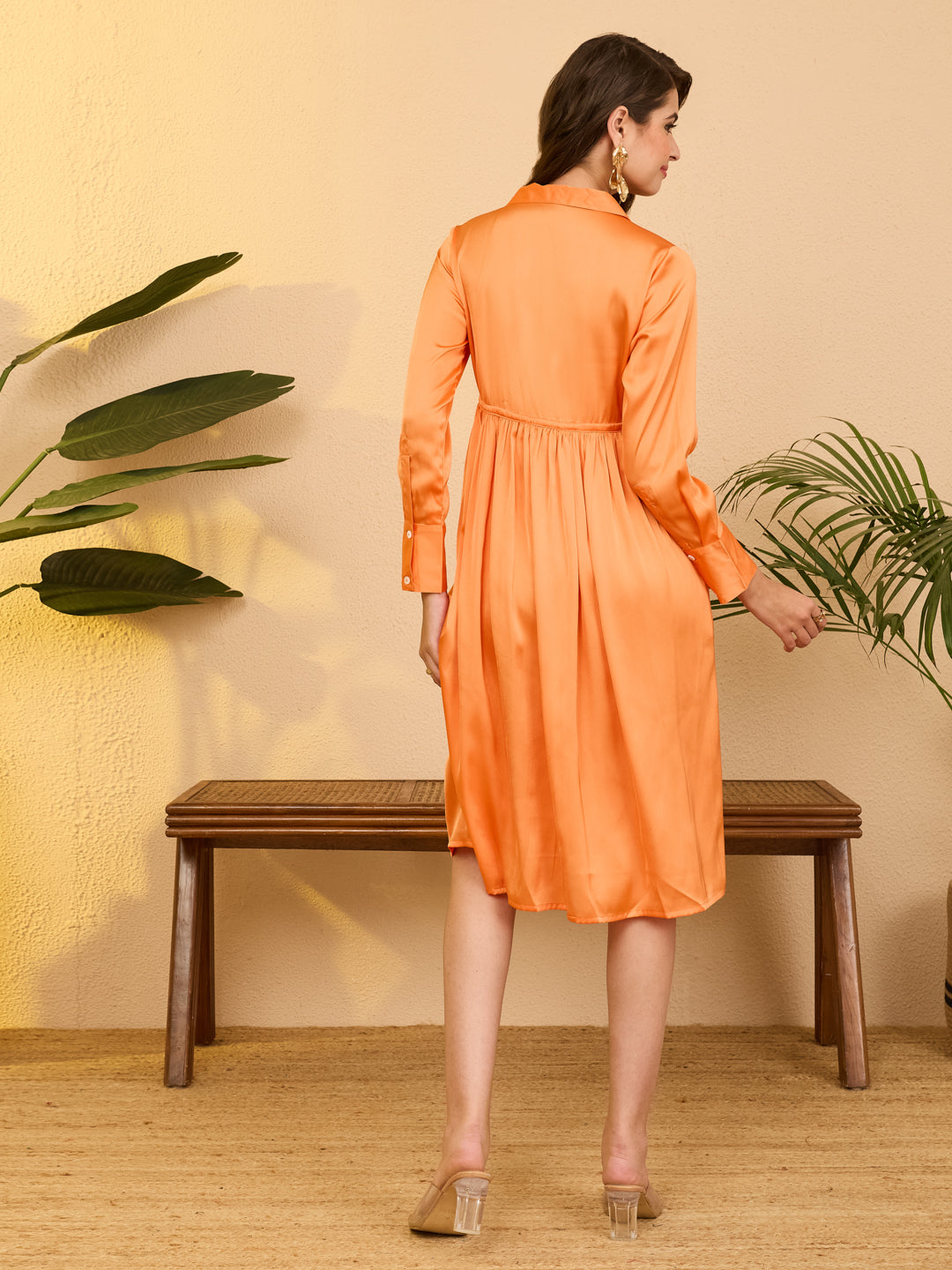 Janasya Women's Orange Satin Solid Fit & Flare Dress