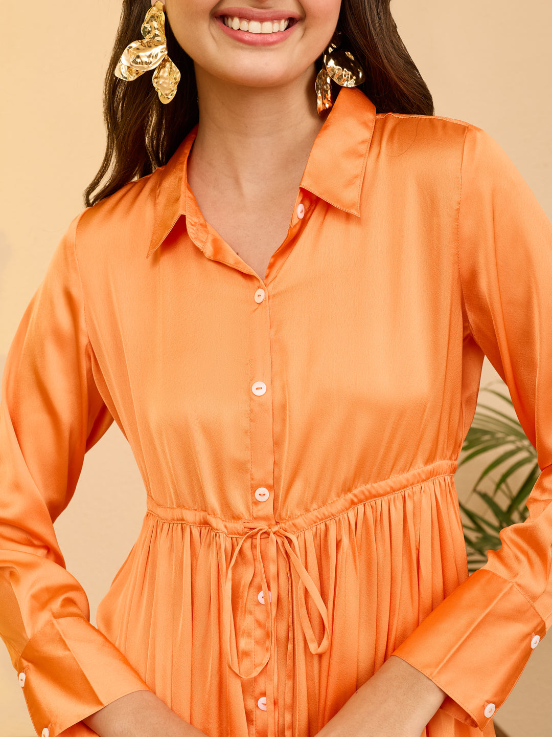 Janasya Women's Orange Satin Solid Fit & Flare Dress