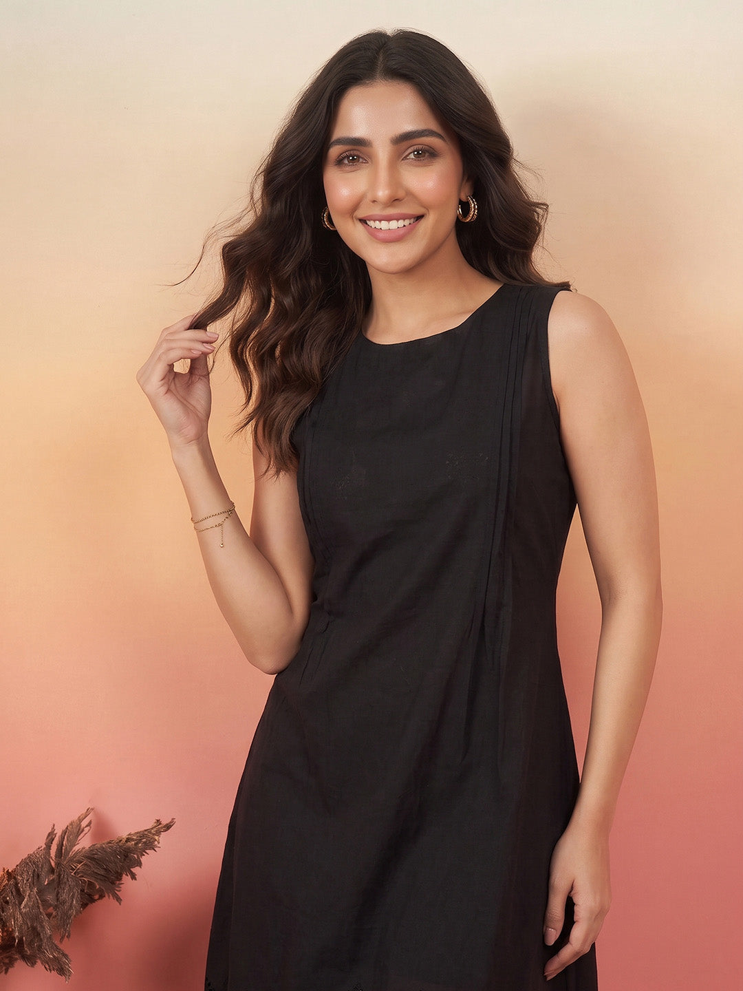 Janasya Women's Black Pure Cotton Shiffli Solid  A-Line Dress