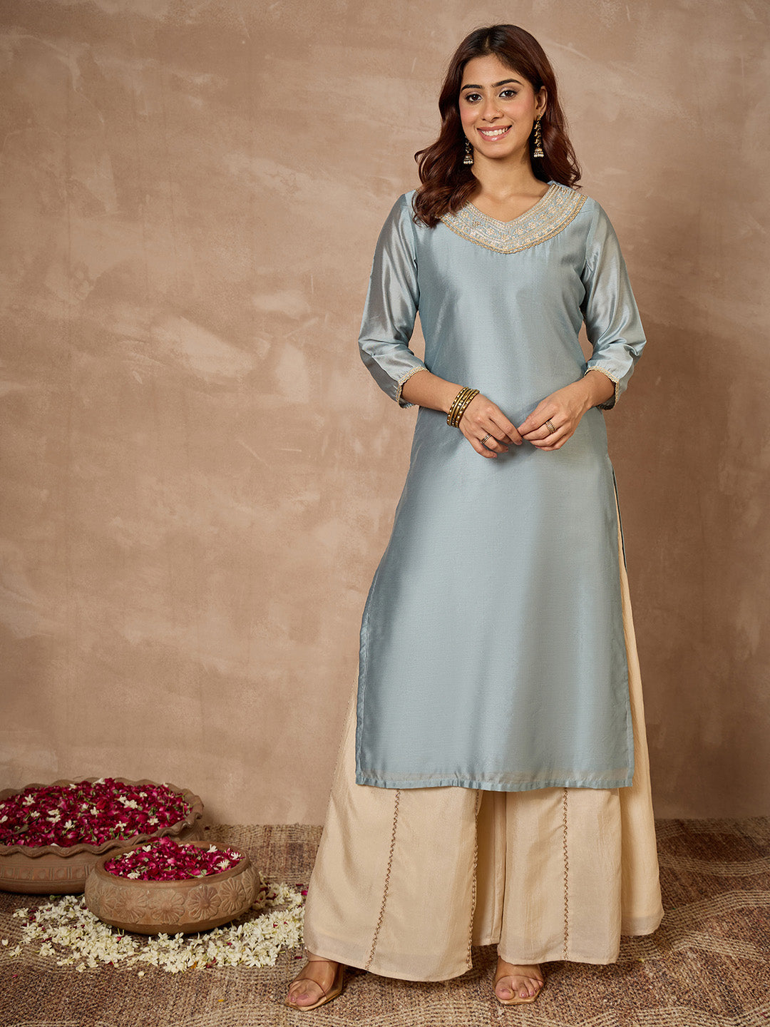 Janasya Women's Ice Blue Chanderi Yoke Embroidered Straight Kurta