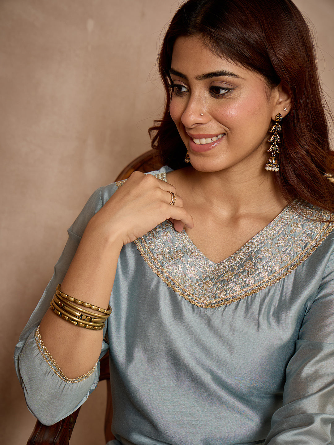 Janasya Women's Ice Blue Chanderi Yoke Embroidered Straight Kurta