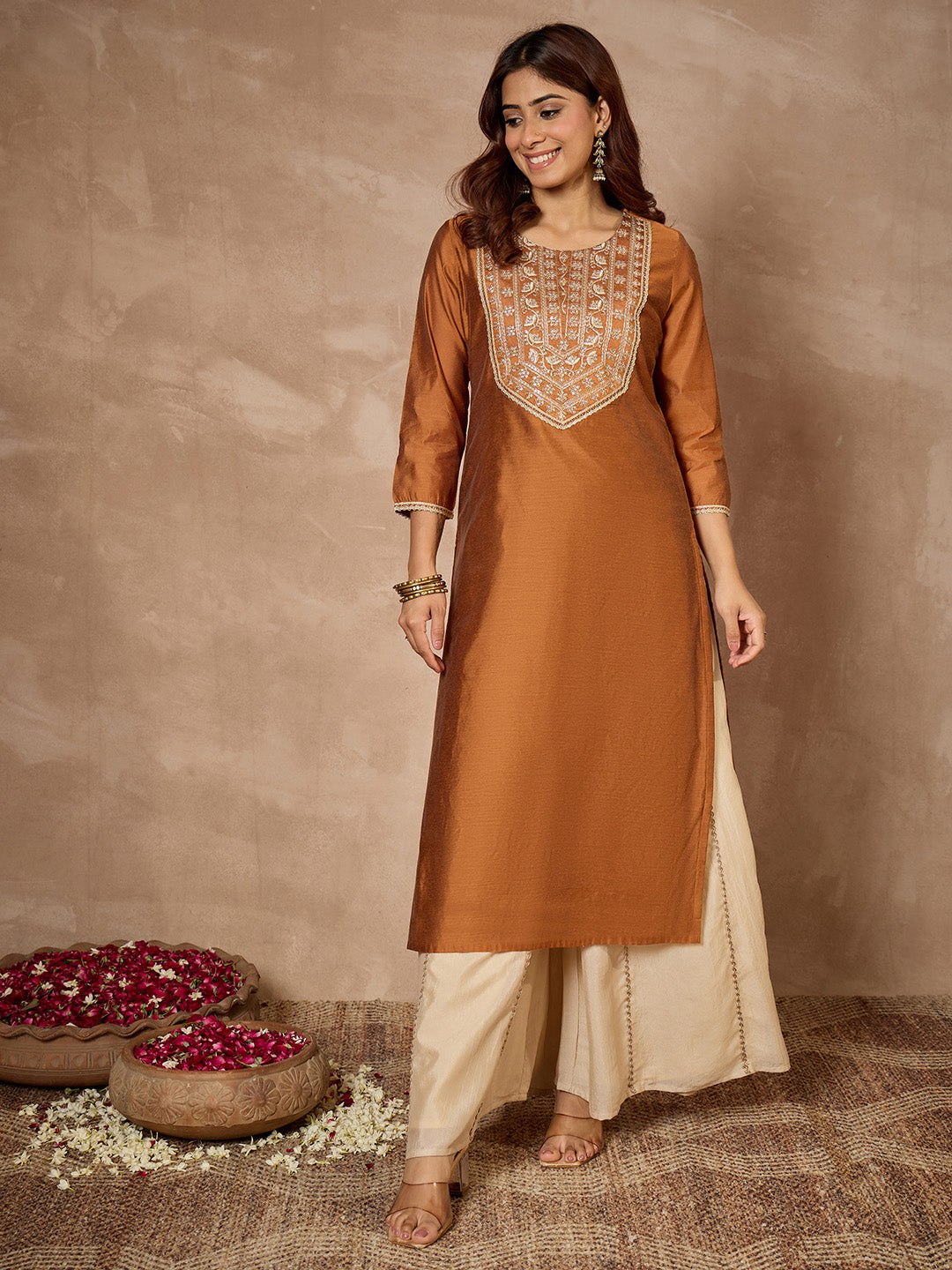 Janasya Women's Mustard Silk Blend Yoke Embroidered Straight Kurta