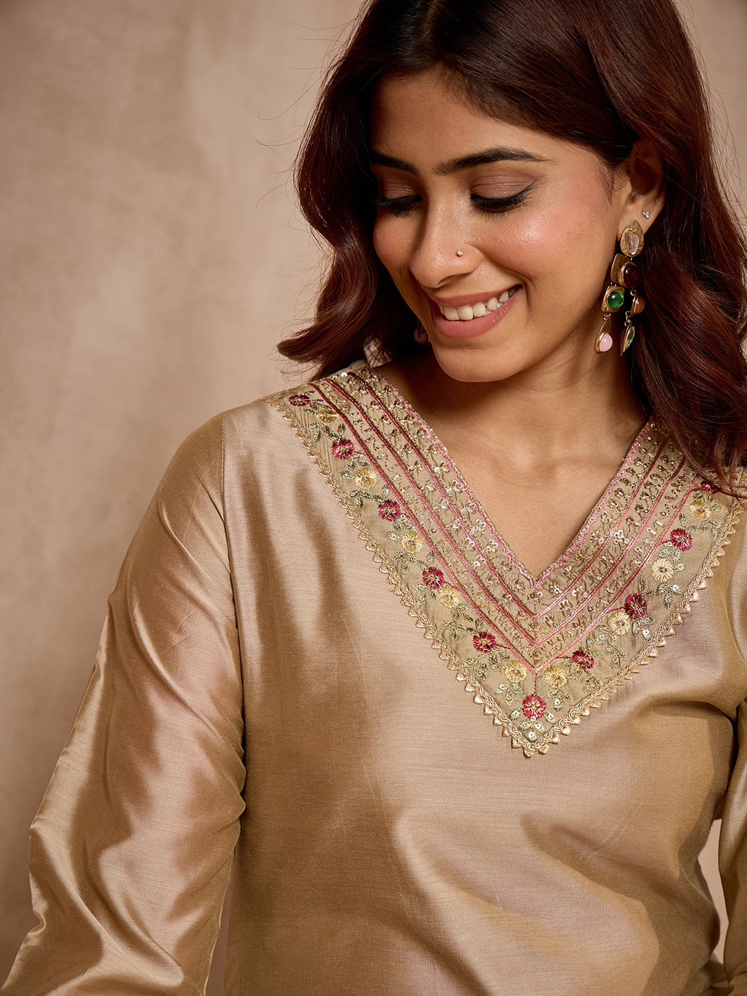 Janasya Women's Beige Chanderi Silk Yoke Embroidered Straight Kurta