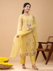 Mustard Silk Blend Embroidered Kurta with Pant and Dupatta