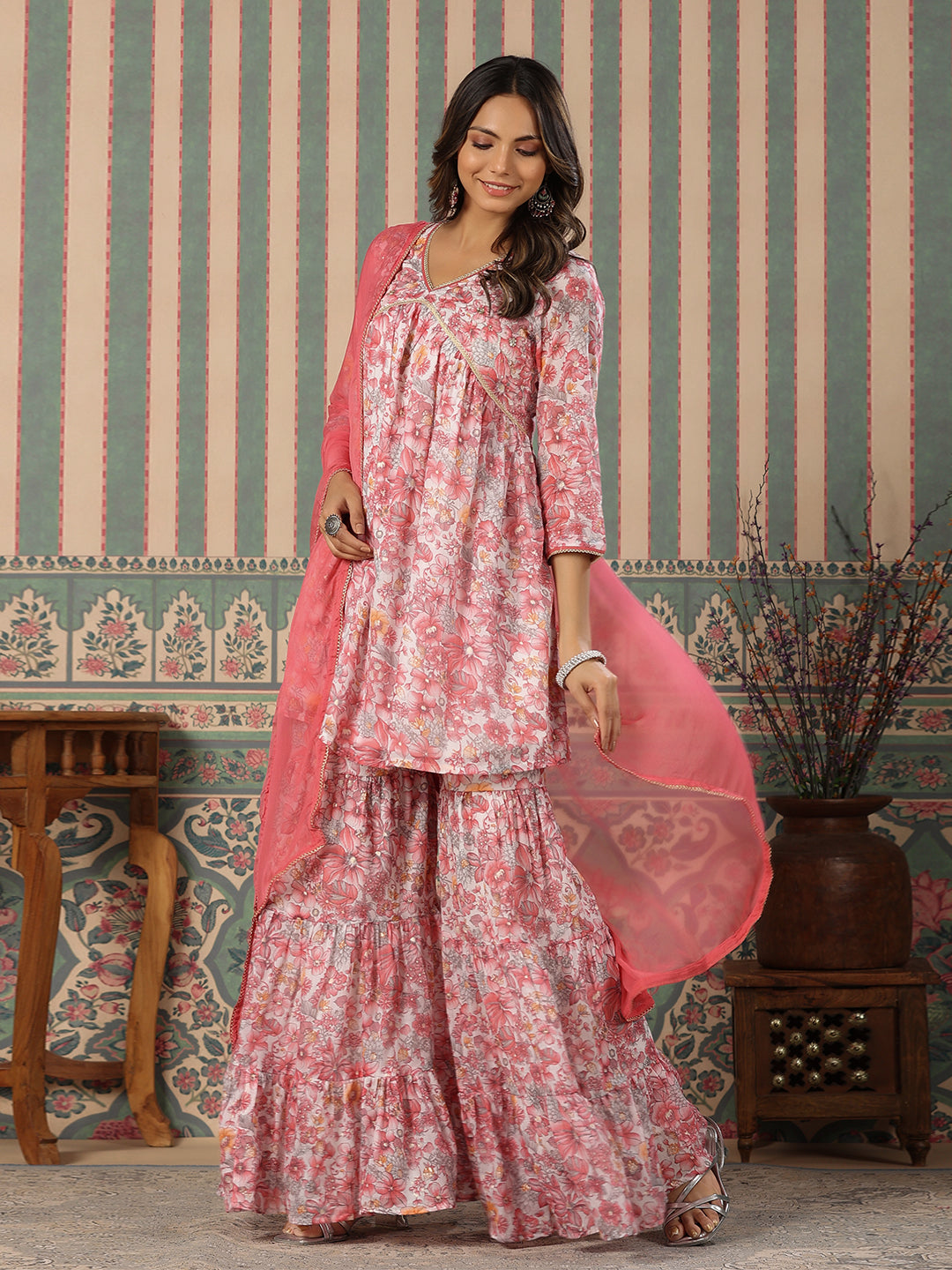 Pink Cotton Mul Floral Yoke Design Kurta with Sharara and Dupatta