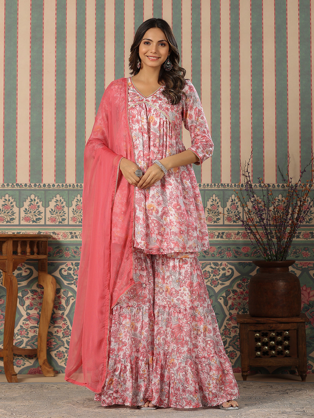 Pink Cotton Mul Floral Yoke Design Kurta with Sharara and Dupatta
