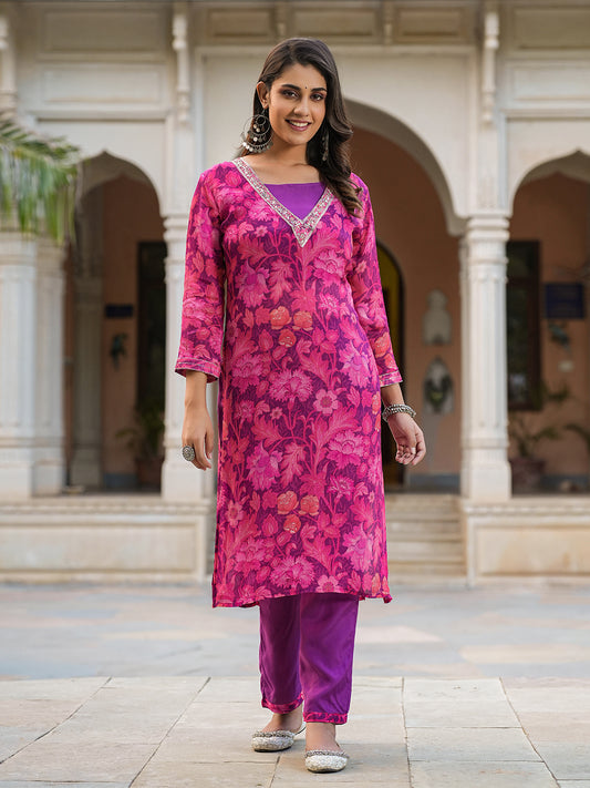Pink Viscose Chinnon Embellished Floral Kurta with Pant and Crop Top
