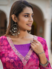 Pink Viscose Chinnon Embellished Floral Kurta with Pant and Crop Top