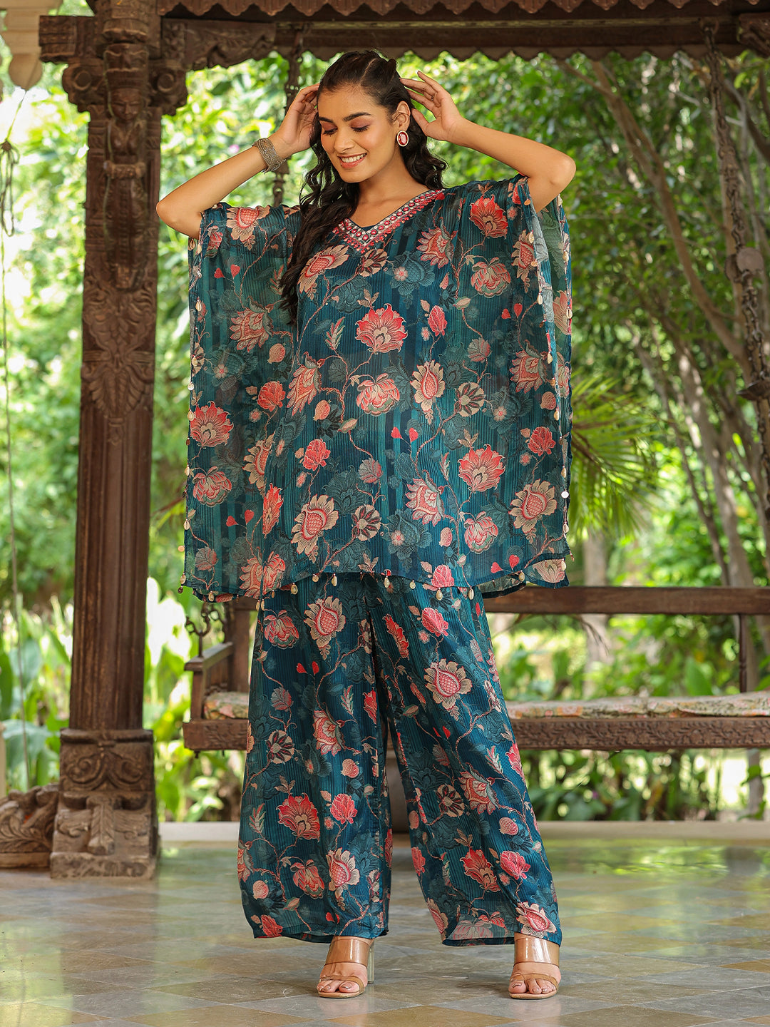 Teal Blue Viscose Chinnon Embellished Floral Kurta with Palazzo and Crop Top