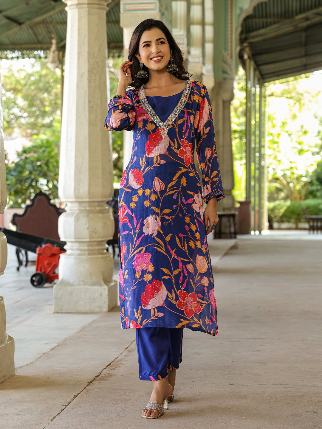 Blue Viscose Chinnon Embellished Floral Kurta with Pant and Crop Top
