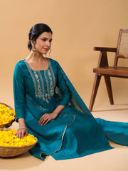 Teal Chinnon Embellished Kurta with Pant and Dupatta