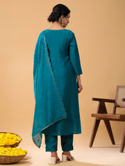 Teal Chinnon Embellished Kurta with Pant and Dupatta