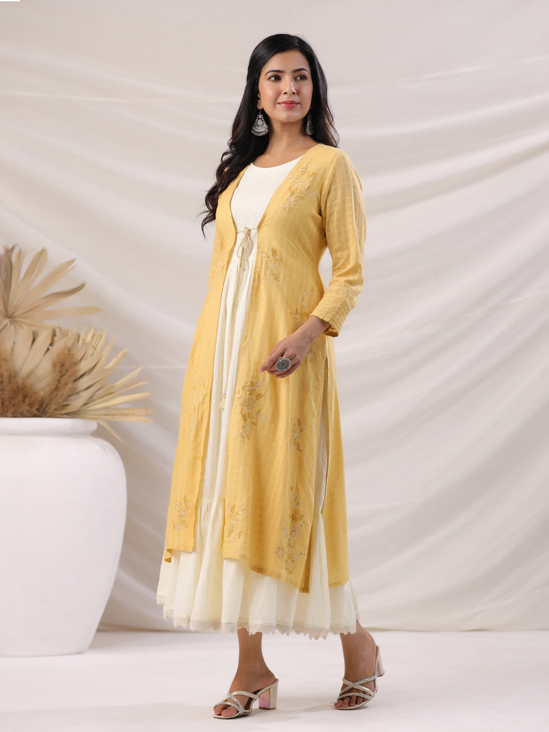 Yellow & Cream Cotton Embroidered Jacket Style Maxi Dress