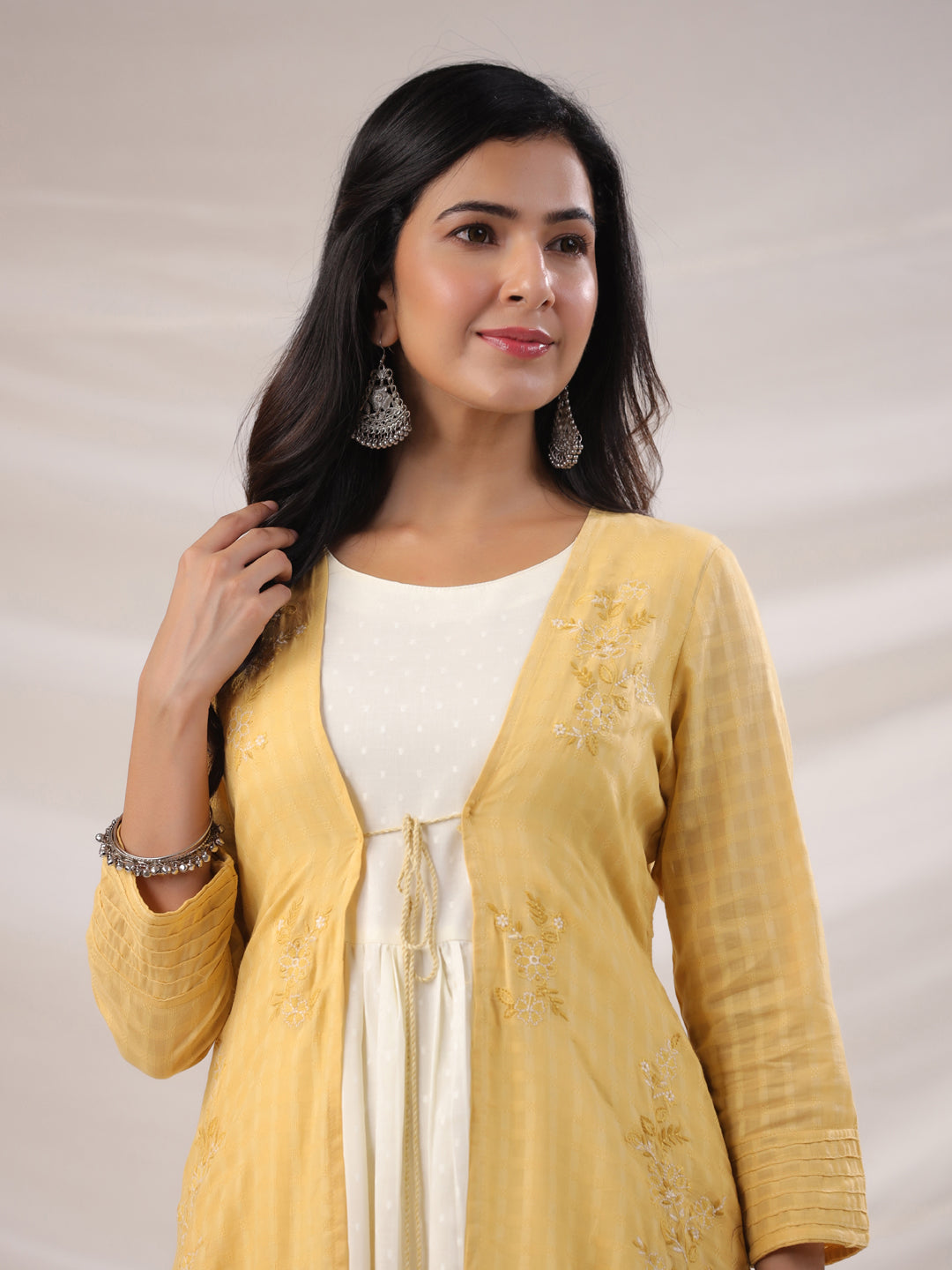 Yellow & Cream Cotton Embroidered Jacket Style Maxi Dress