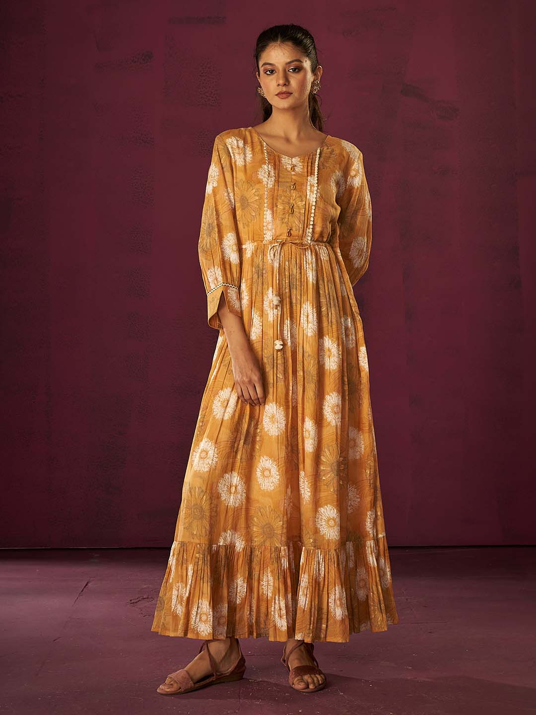 Mustard Cotton Floral Fit & Flared Maxi Dress