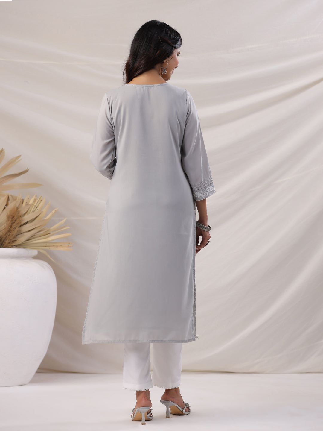 Grey Modal Chanderi Embroidered Kurta Pant Set
