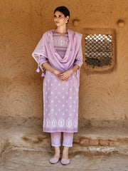Lavender Cotton Linen Embellished Kurta with Pant and Dupatta