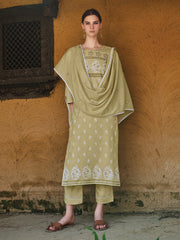 Light Green Cotton Linen Embellished Kurta with Pant and Dupatta
