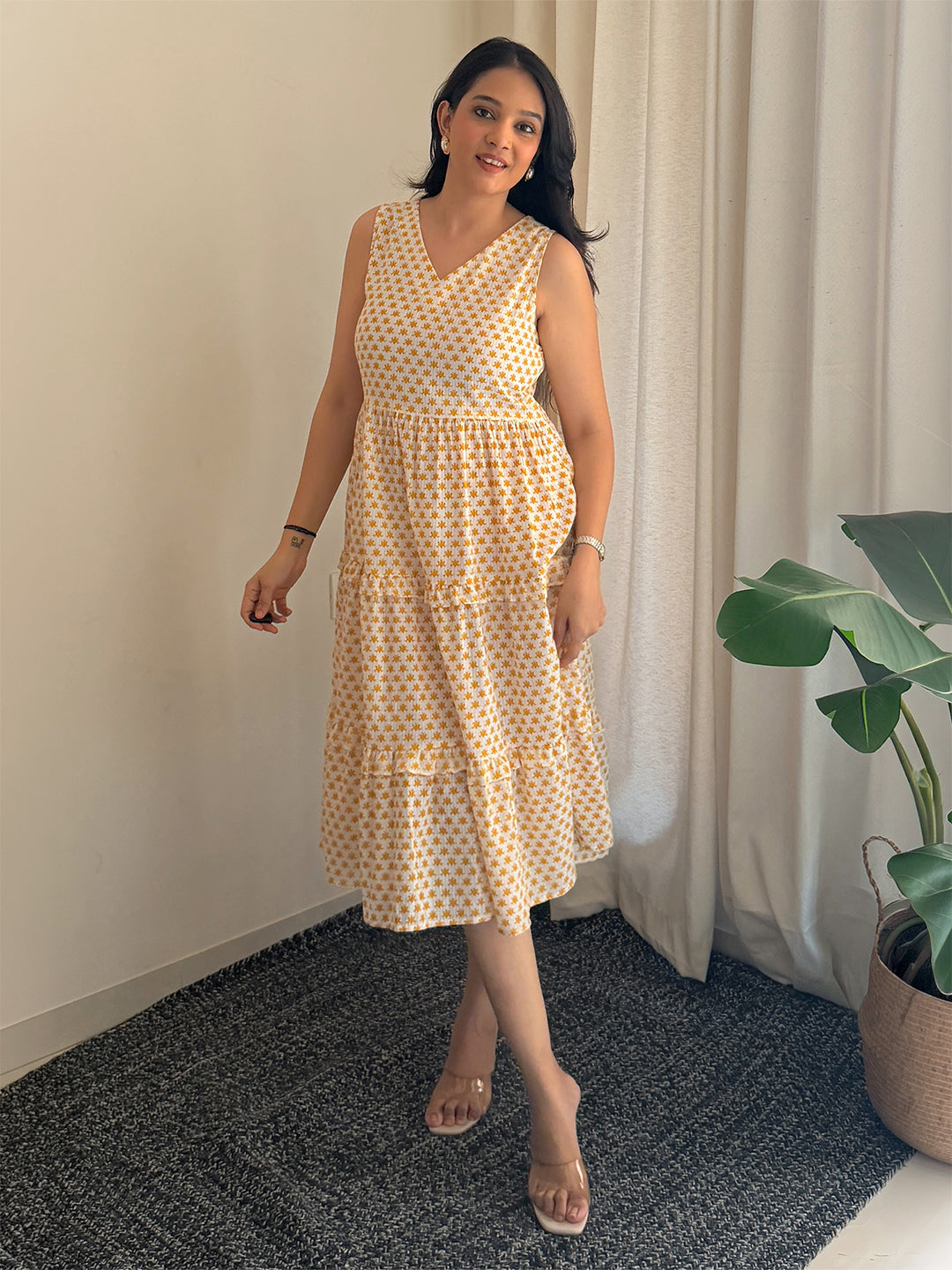 Janasya Women's Yellow Pure Cotton Floral Printed Tiered Dress
