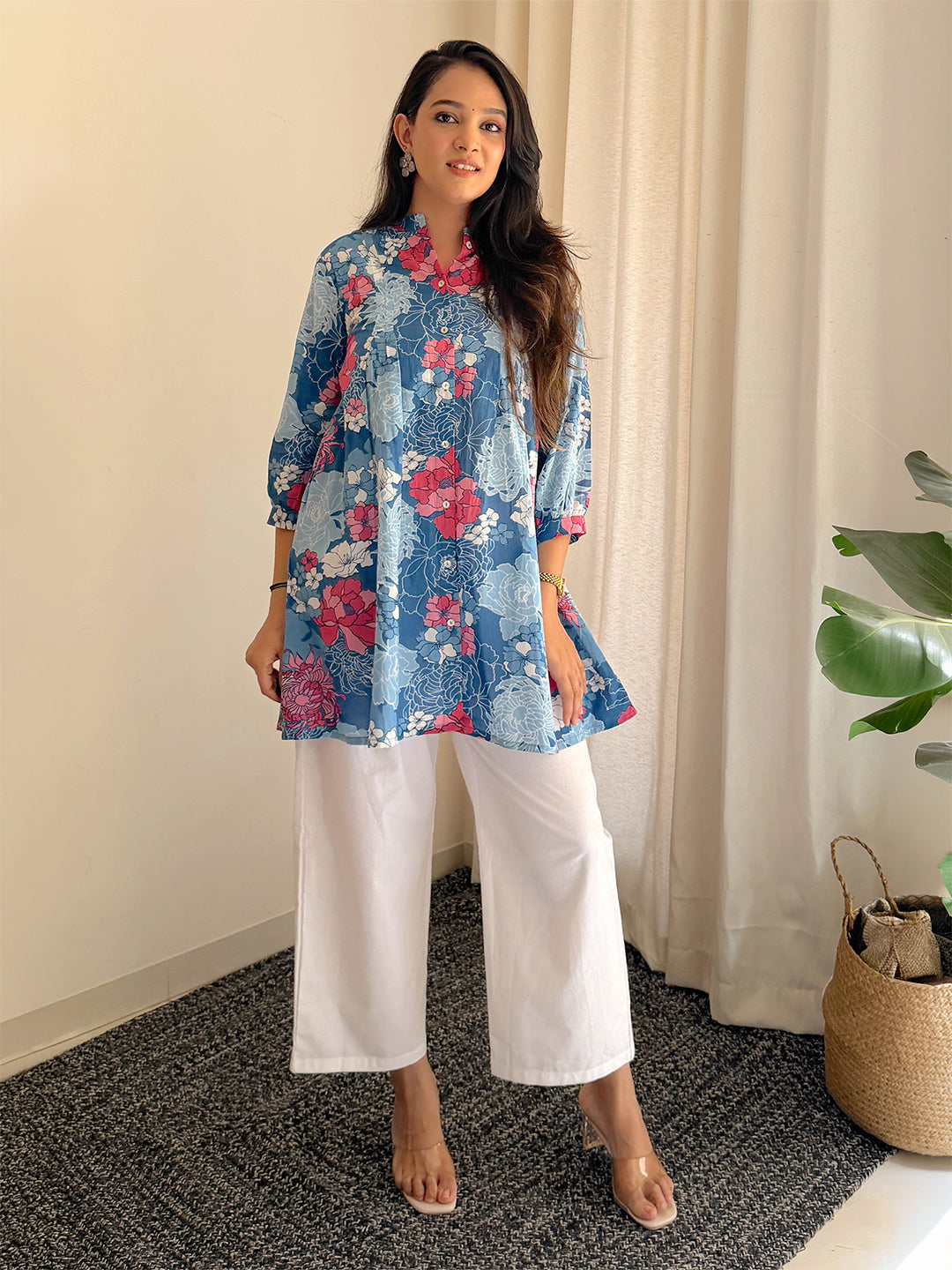 Blue Cotton Floral A-Line Tunic
