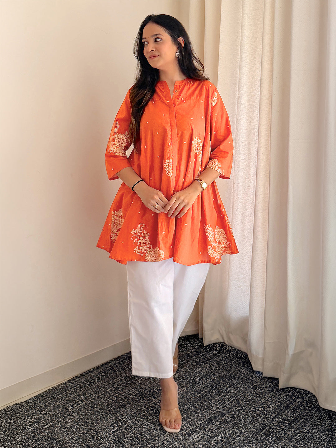 Orange Cotton Floral Printed Flared Tunic